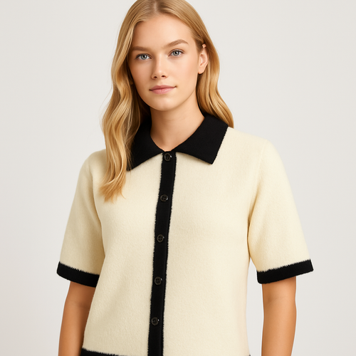 Beige short-sleeve knit shirt with black contrast trim on collar, cuffs, and placket.