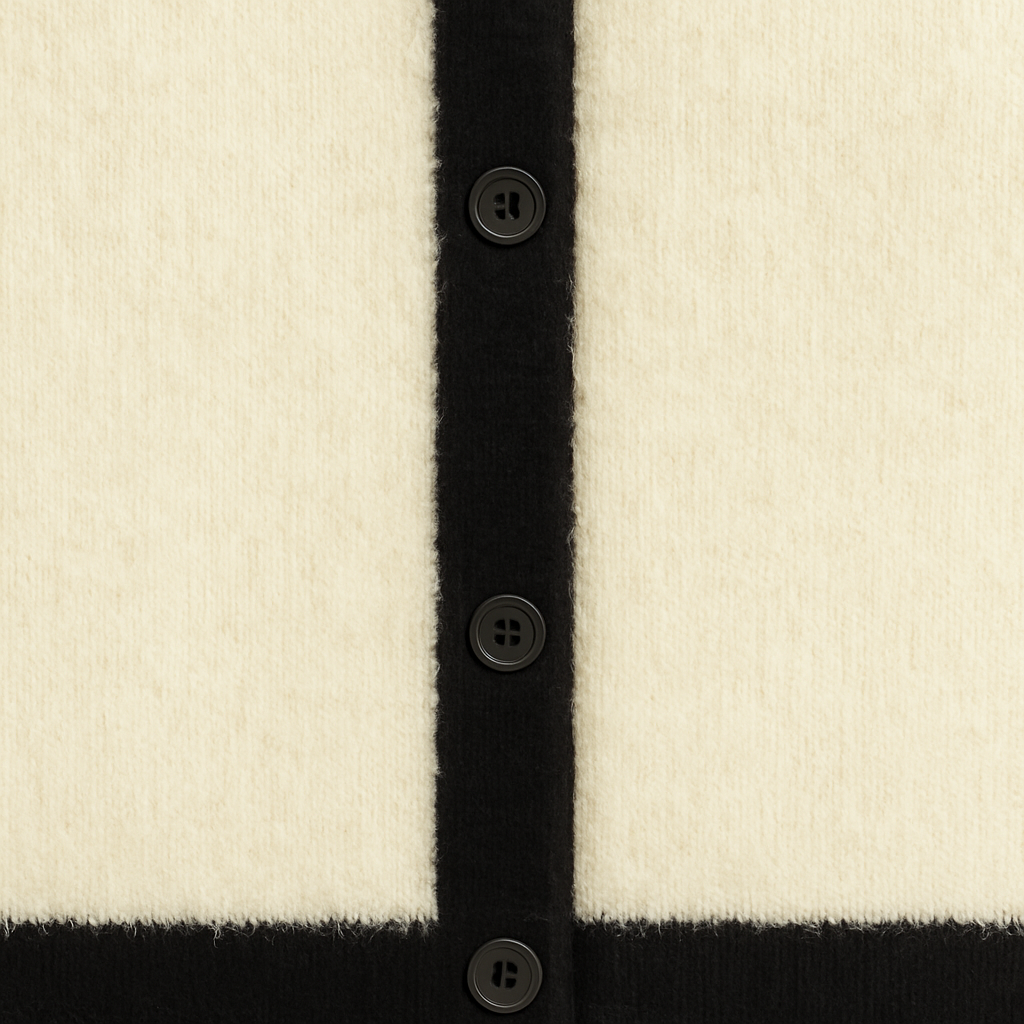 Beige short-sleeve knit shirt with black contrast trim on collar, cuffs, and placket.