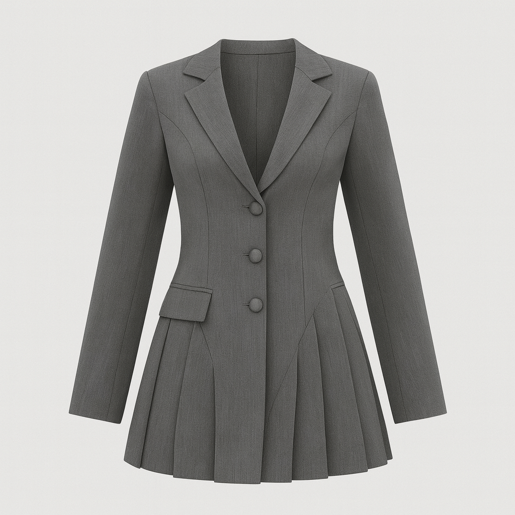Pleated blazer dress with lapel neckline, tailored sleeves, and fitted waist.