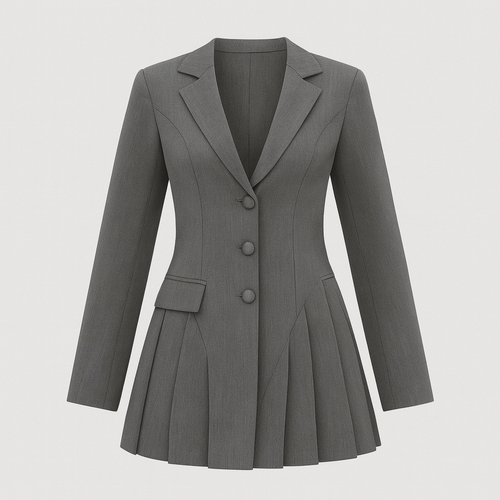 Pleated blazer dress with lapel neckline, tailored sleeves, and fitted waist.