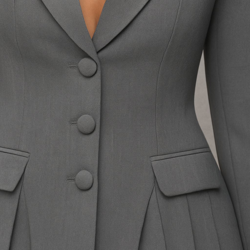 Pleated blazer dress with lapel neckline, tailored sleeves, and fitted waist.