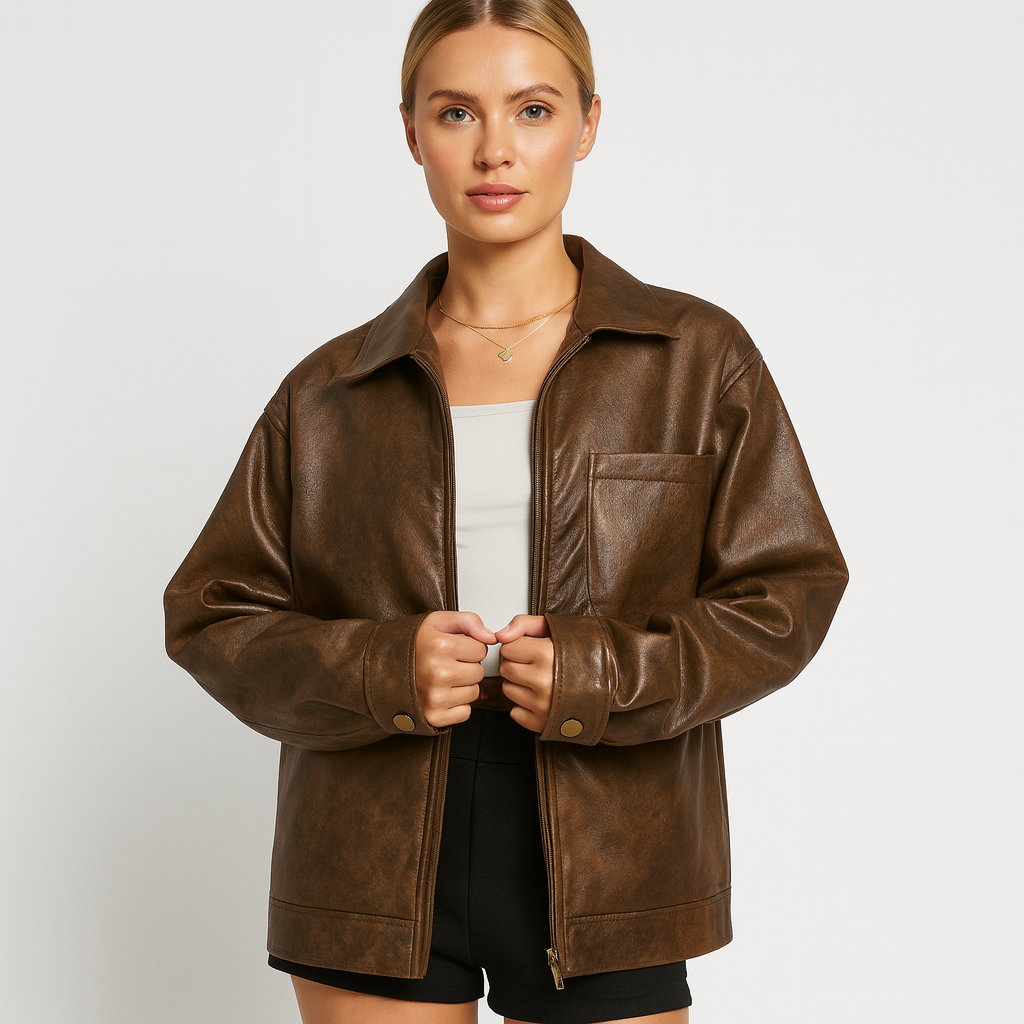 Oversized faux leather jacket with distressed finish, shirt collar, long sleeves, and front zip closure.
