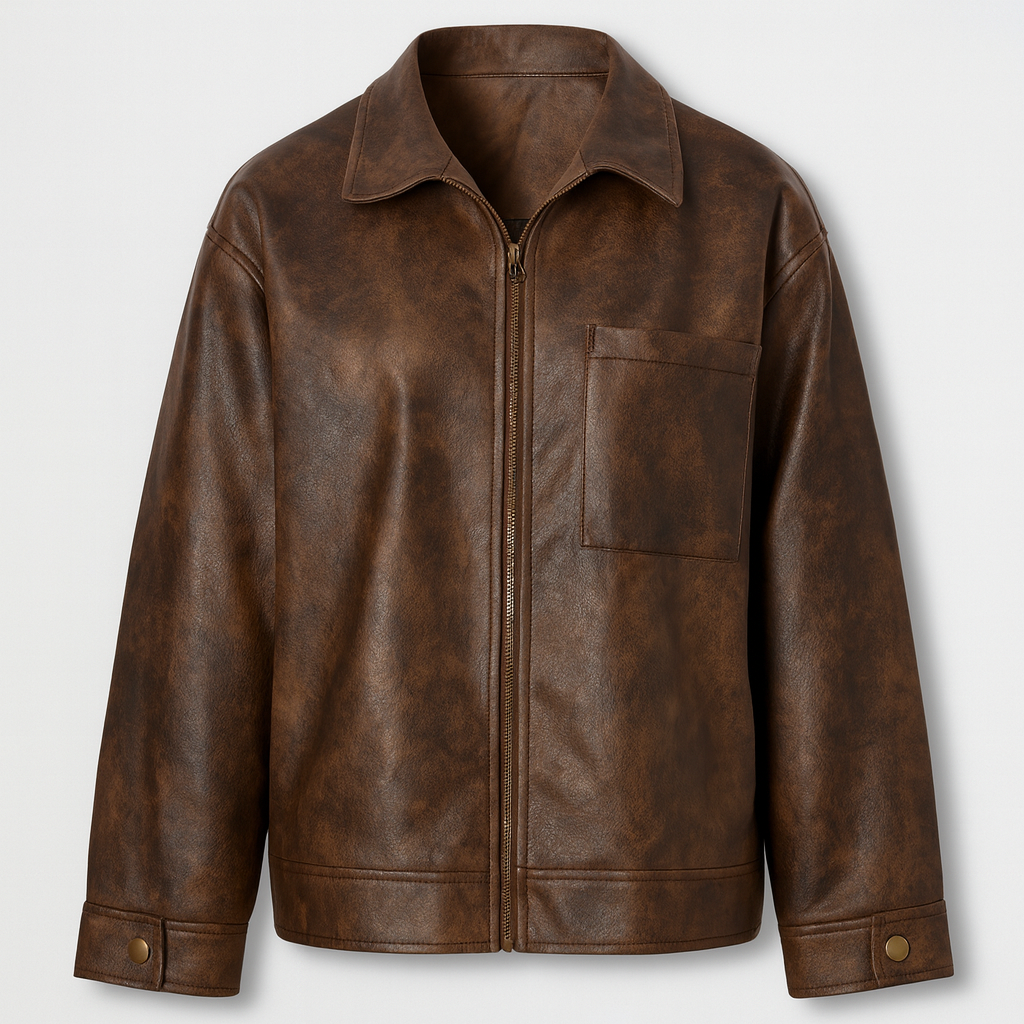 Oversized faux leather jacket with distressed finish, shirt collar, long sleeves, and front zip closure.
