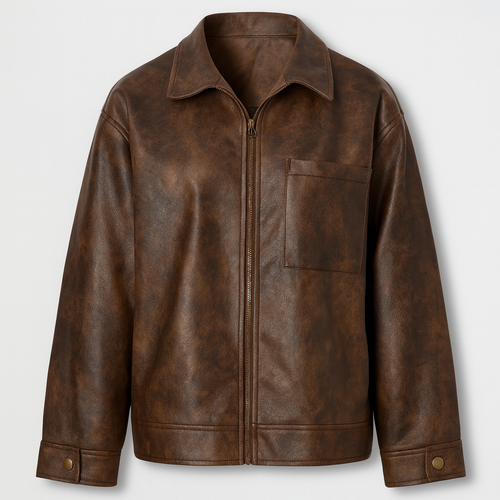 Oversized faux leather jacket with distressed finish, shirt collar, long sleeves, and front zip closure.