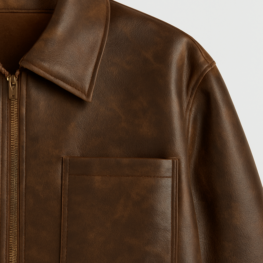 Oversized faux leather jacket with distressed finish, shirt collar, long sleeves, and front zip closure.