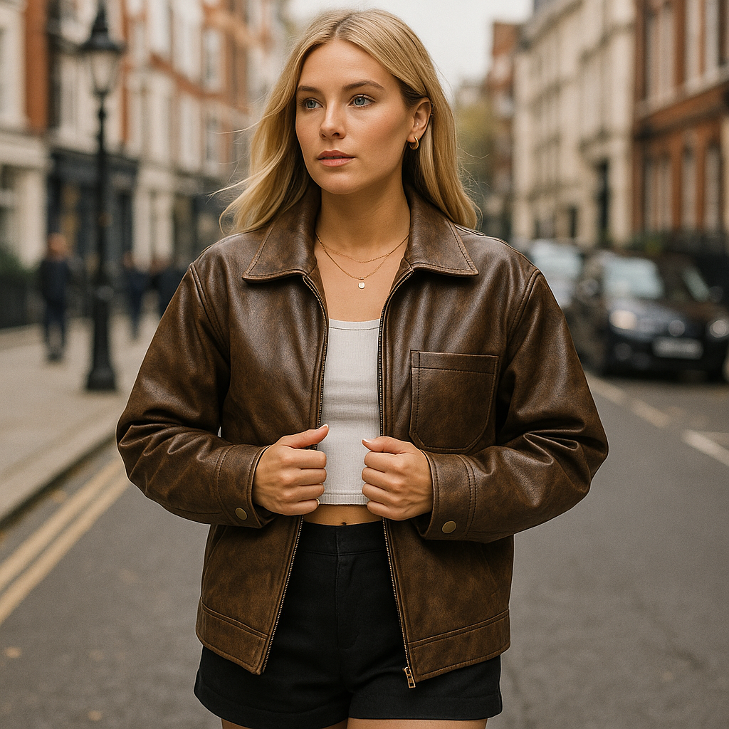 Oversized faux leather jacket with distressed finish, shirt collar, long sleeves, and front zip closure.