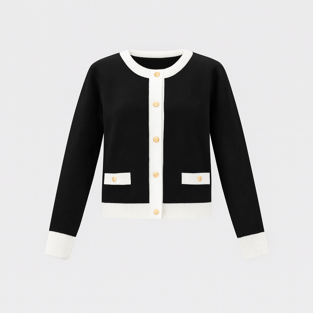 Black knit cardigan with white contrast trims, long sleeves, gold buttons, and round neckline.