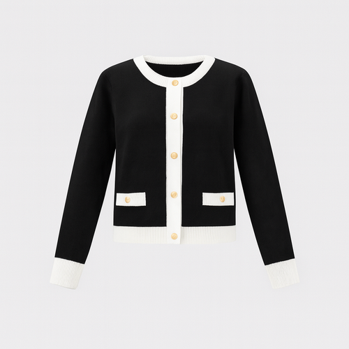 Black knit cardigan with white contrast trims, long sleeves, gold buttons, and round neckline.