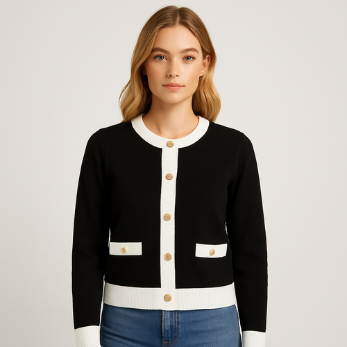 Black knit cardigan with white contrast trims, long sleeves, gold buttons, and round neckline.