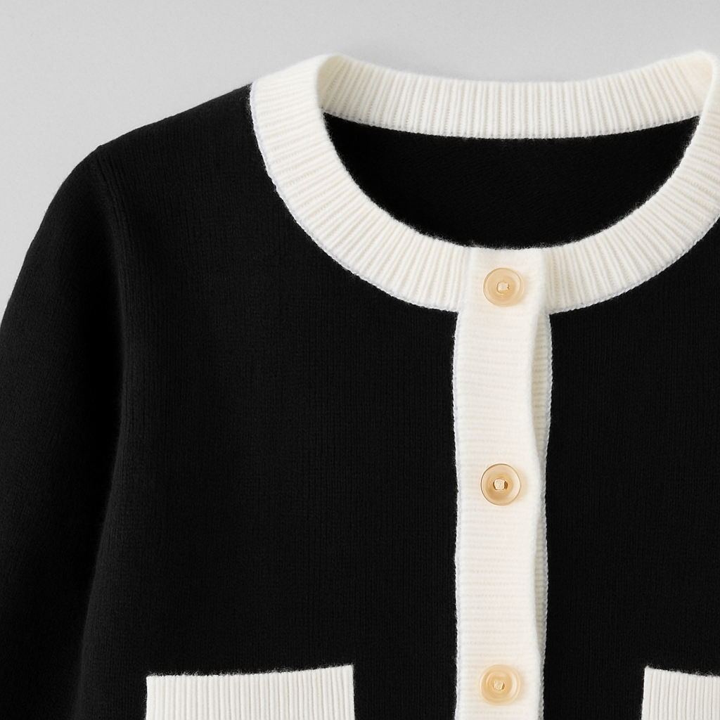 Black knit cardigan with white contrast trims, long sleeves, gold buttons, and round neckline.