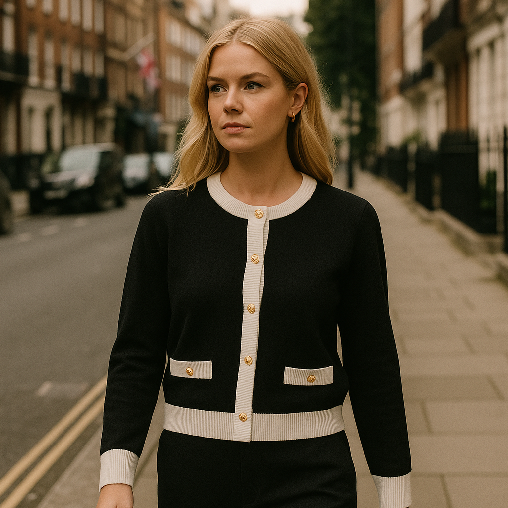 Black knit cardigan with white contrast trims, long sleeves, gold buttons, and round neckline.