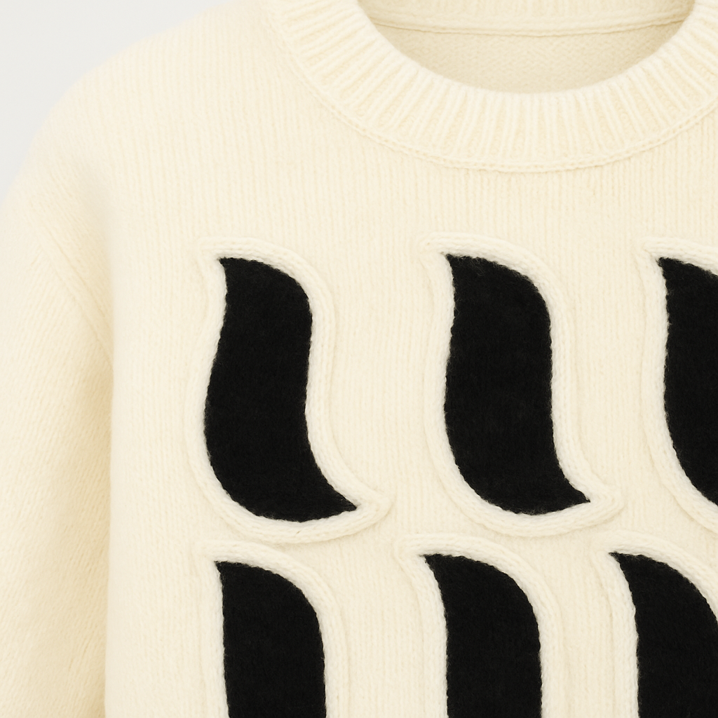 Cream knit sweater with bold black abstract appliqué design on the front and long sleeves.