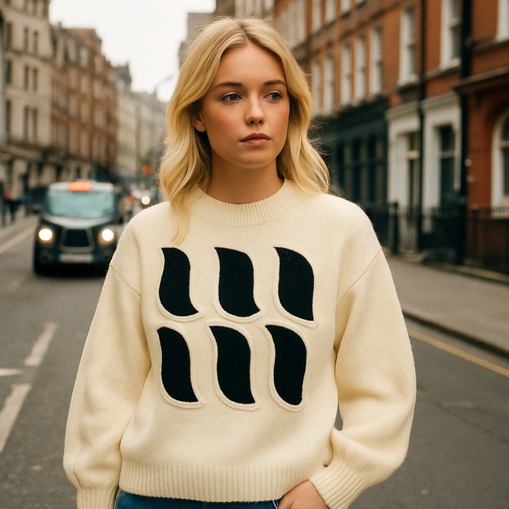 Cream knit sweater with bold black abstract appliqué design on the front and long sleeves.
