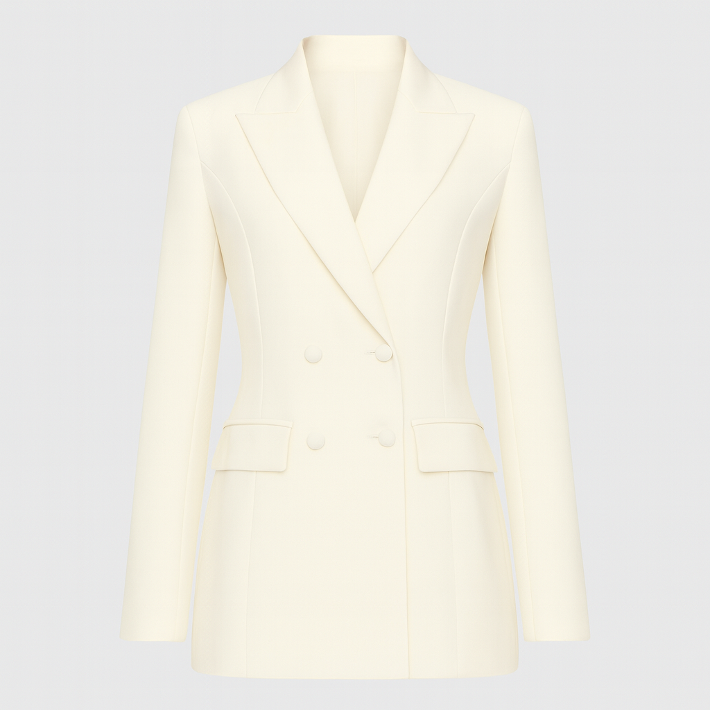 Cream double-breasted blazer with sharp lapels and long tailored sleeves.