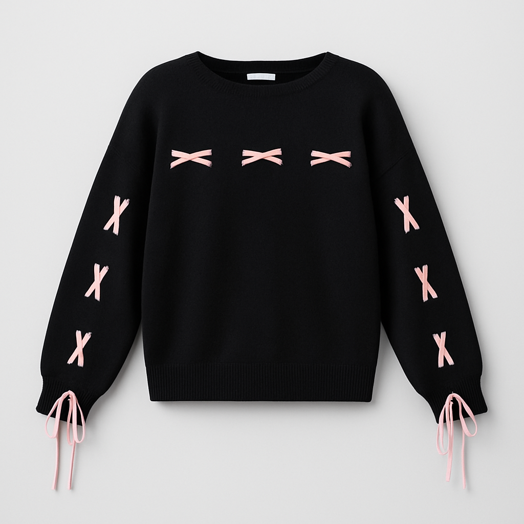 Black knit sweater with pink ribbon bow details on chest and sleeves, round neckline, and long sleeves.