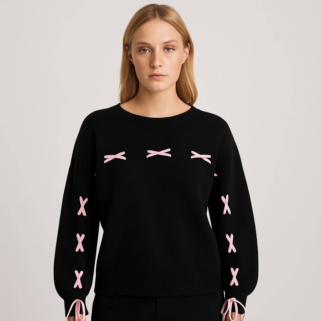Black knit sweater with pink ribbon bow details on chest and sleeves, round neckline, and long sleeves.