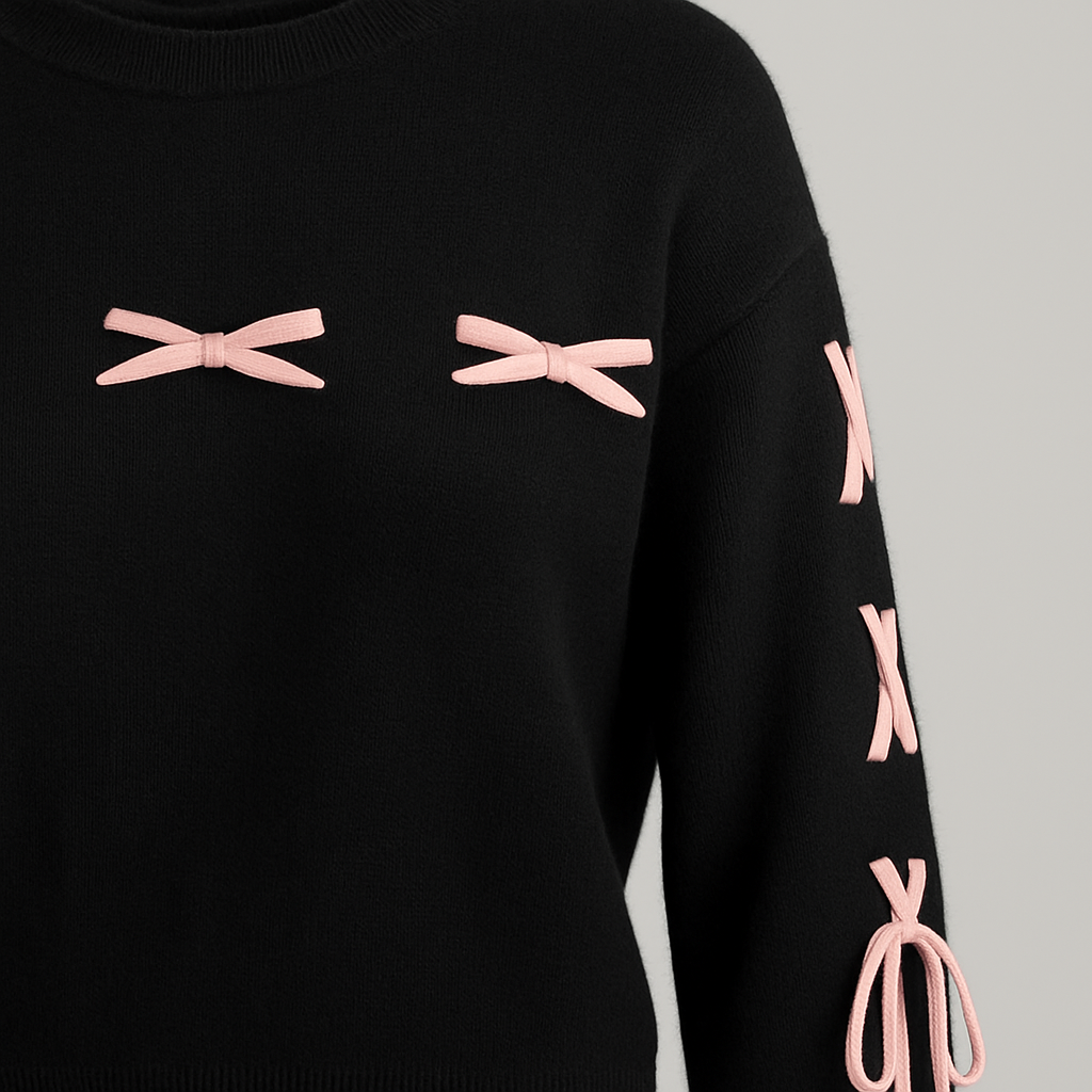 Black knit sweater with pink ribbon bow details on chest and sleeves, round neckline, and long sleeves.
