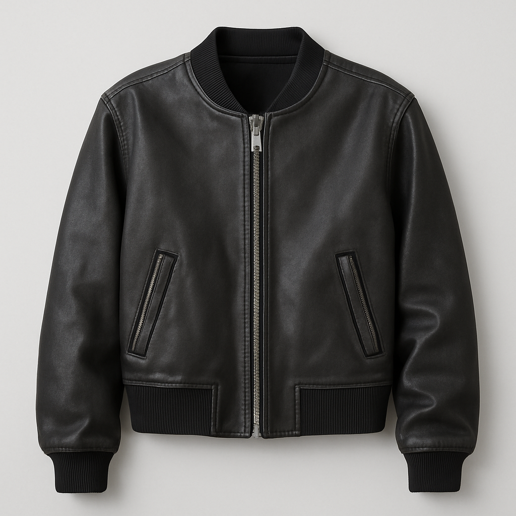 Cropped faux leather bomber jacket with zipper closure and ribbed trims.