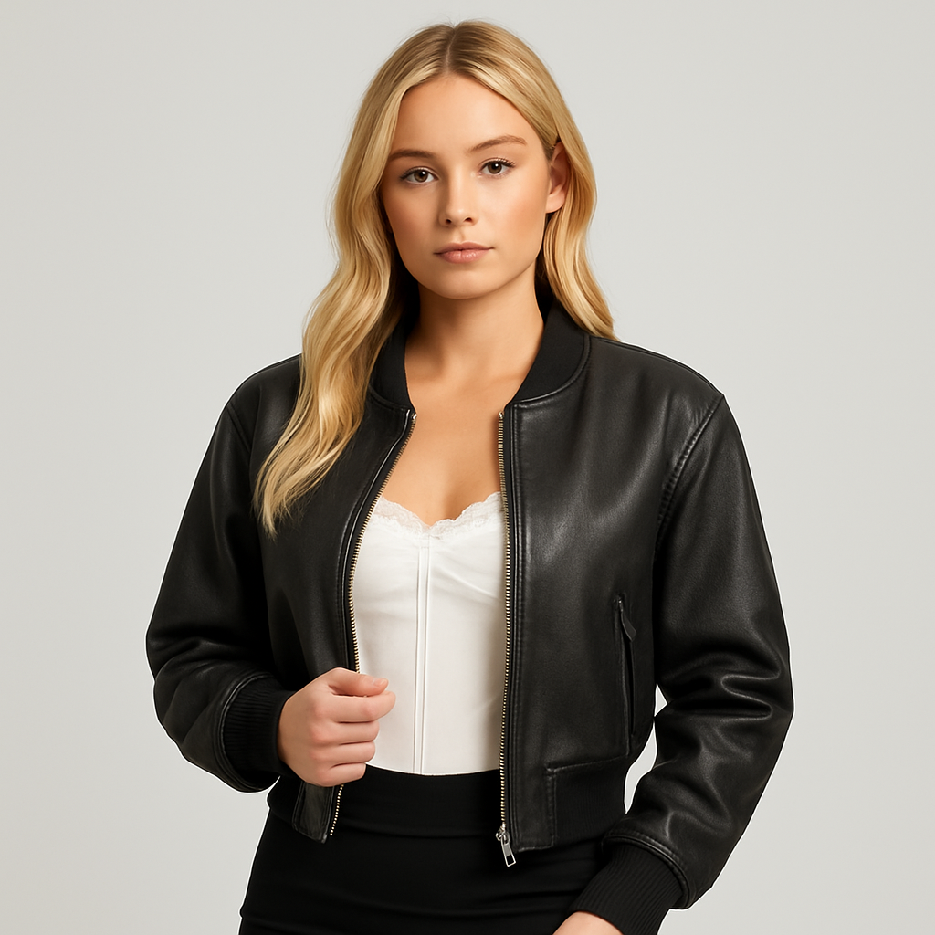 Cropped faux leather bomber jacket with zipper closure and ribbed trims.