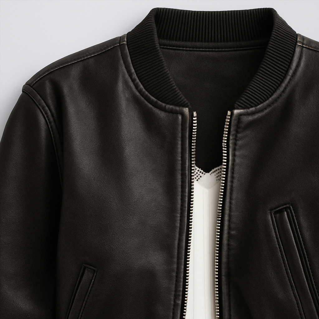 Cropped faux leather bomber jacket with zipper closure and ribbed trims.