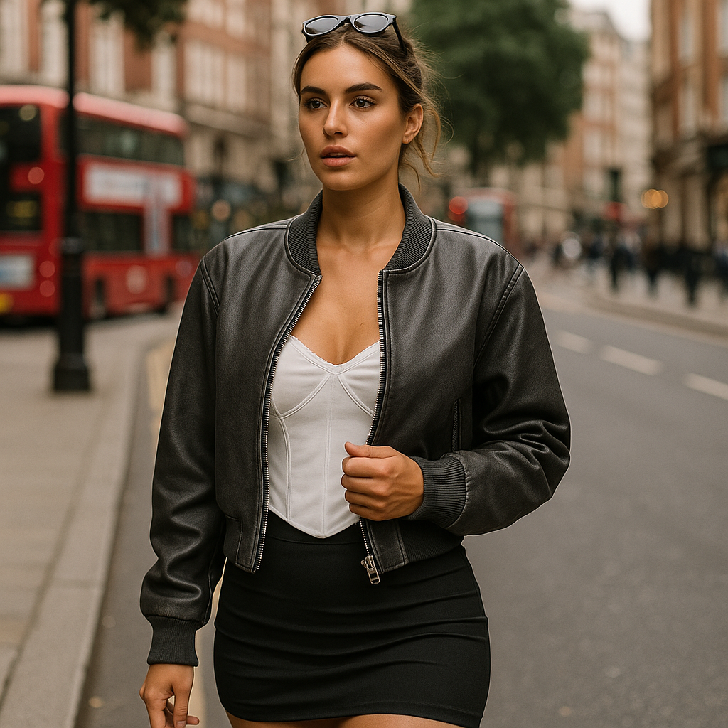 Cropped faux leather bomber jacket with zipper closure and ribbed trims.