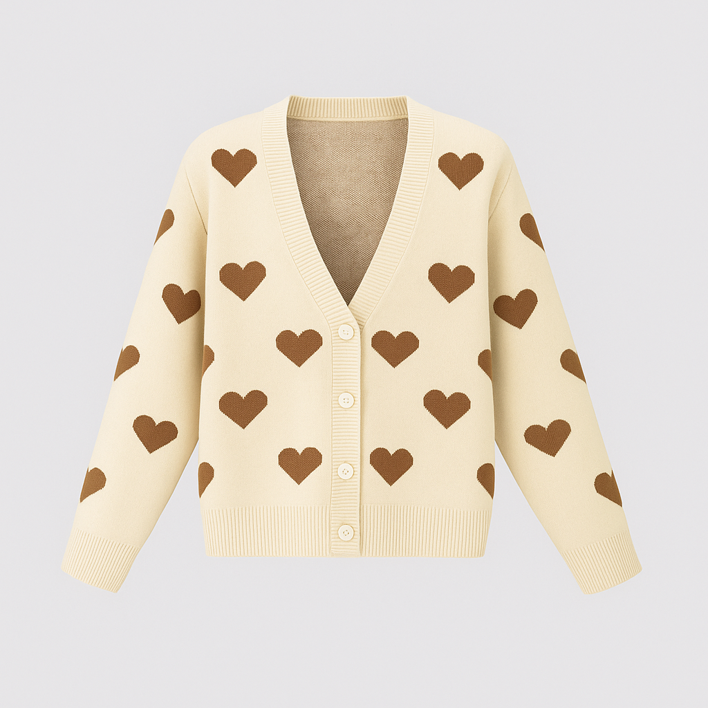 Beige knit cardigan with long sleeves and brown heart motifs, button-down front.