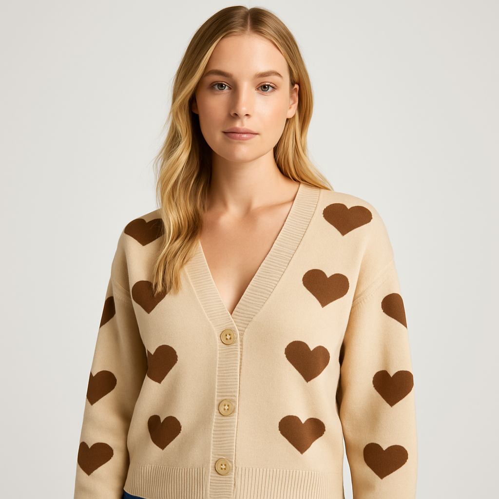 Beige knit cardigan with long sleeves and brown heart motifs, button-down front.