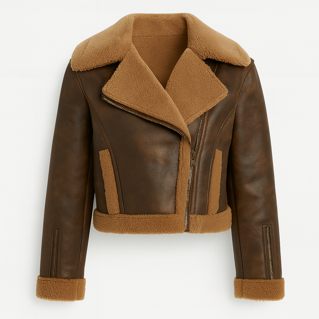 Cropped faux leather shearling jacket with wide lapel collar, asymmetrical zipper, and shearling cuffs and hemline.