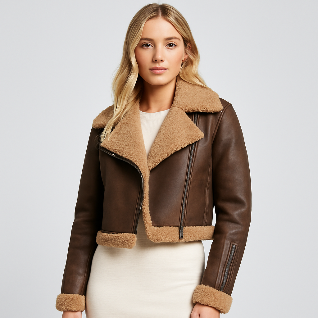 Cropped faux leather shearling jacket with wide lapel collar, asymmetrical zipper, and shearling cuffs and hemline.