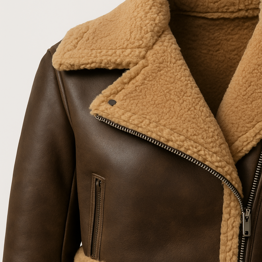 Cropped faux leather shearling jacket with wide lapel collar, asymmetrical zipper, and shearling cuffs and hemline.