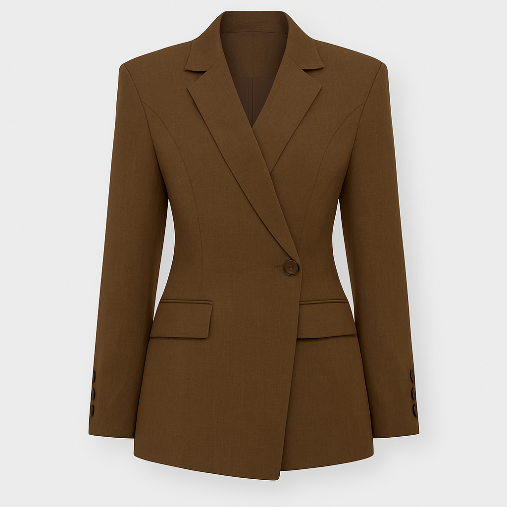 Tailored single-button blazer with structured fit, long sleeves, and sharp notched lapel, designed for elegant power dressing.
