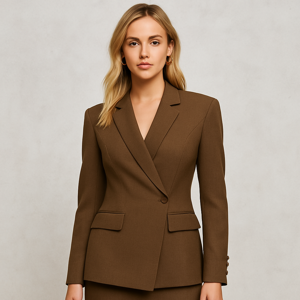 Tailored single-button blazer with structured fit, long sleeves, and sharp notched lapel, designed for elegant power dressing.