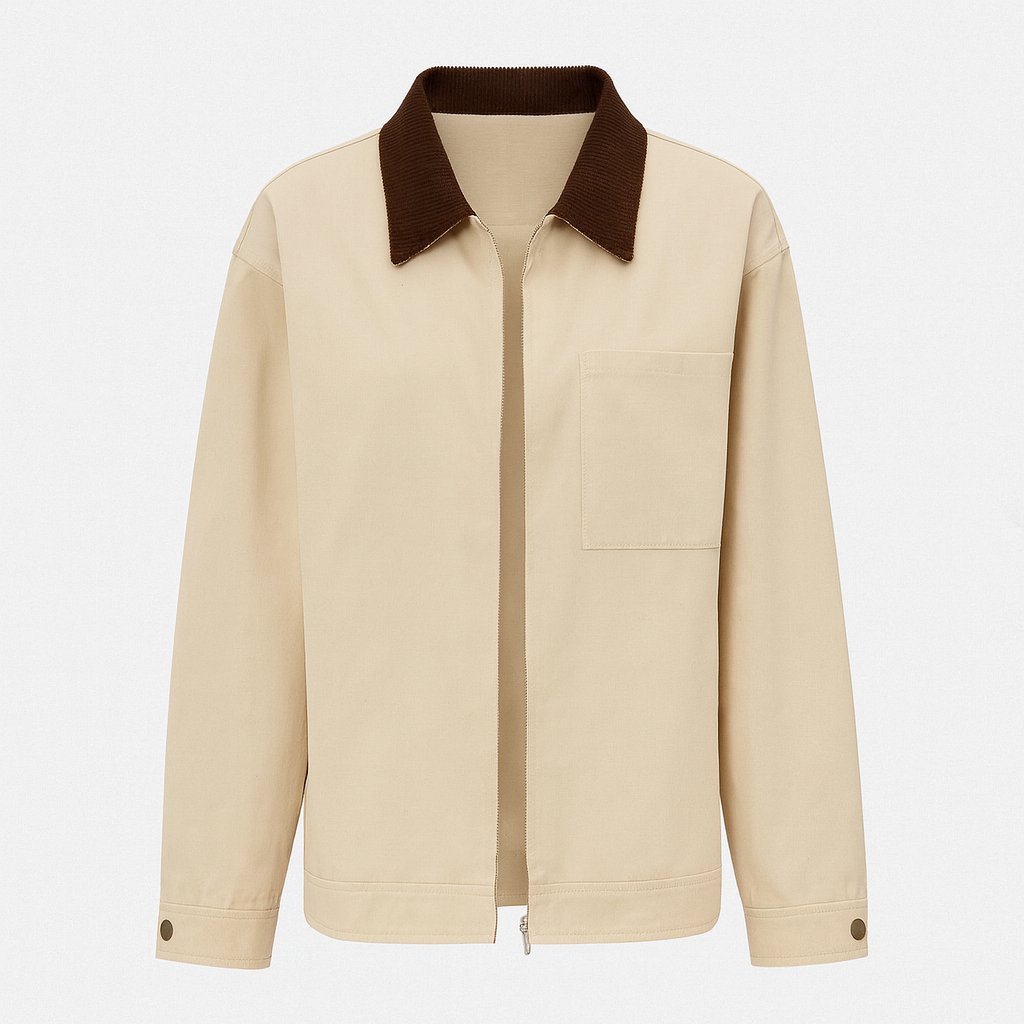 Neutral utility jacket with contrast brown corduroy collar, button-down front, and relaxed fit.