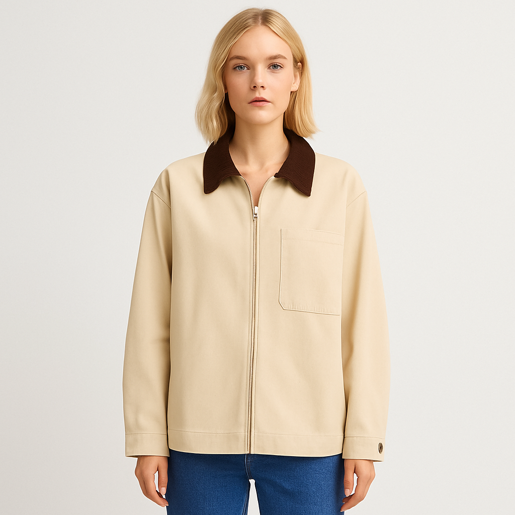 Neutral utility jacket with contrast brown corduroy collar, button-down front, and relaxed fit.