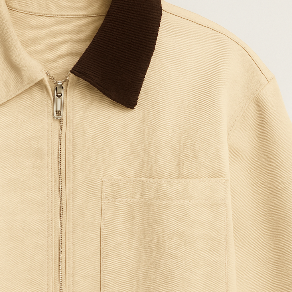 Neutral utility jacket with contrast brown corduroy collar, button-down front, and relaxed fit.