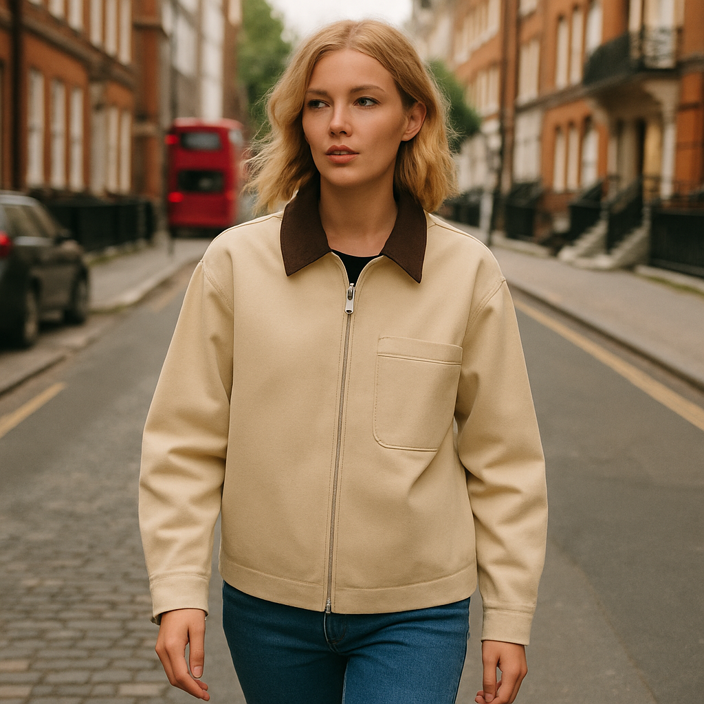 Neutral utility jacket with contrast brown corduroy collar, button-down front, and relaxed fit.