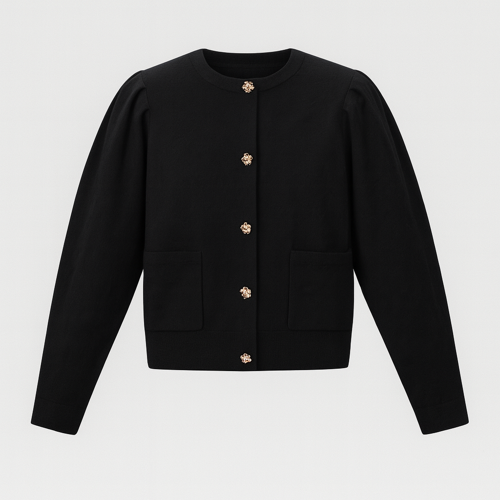 Black knit cardigan with gold-tone buttons and structured shoulder detail.