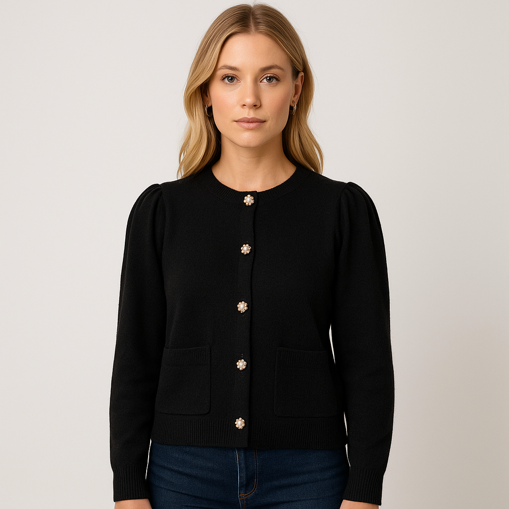Black knit cardigan with gold-tone buttons and structured shoulder detail.