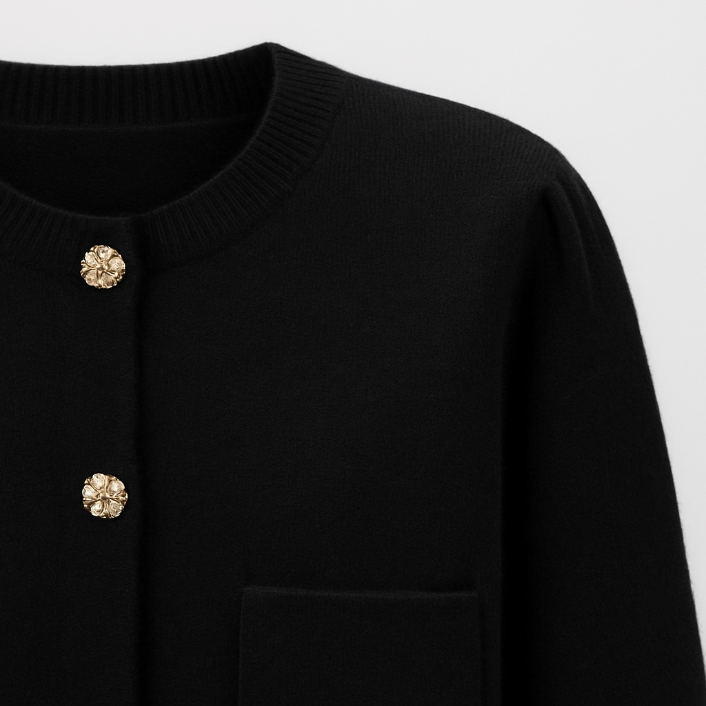 Black knit cardigan with gold-tone buttons and structured shoulder detail.