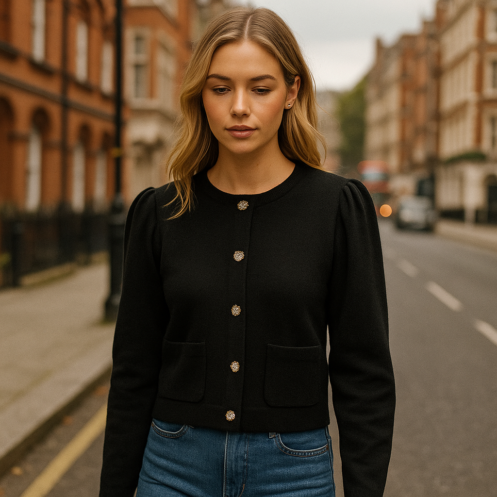 Black knit cardigan with gold-tone buttons and structured shoulder detail.