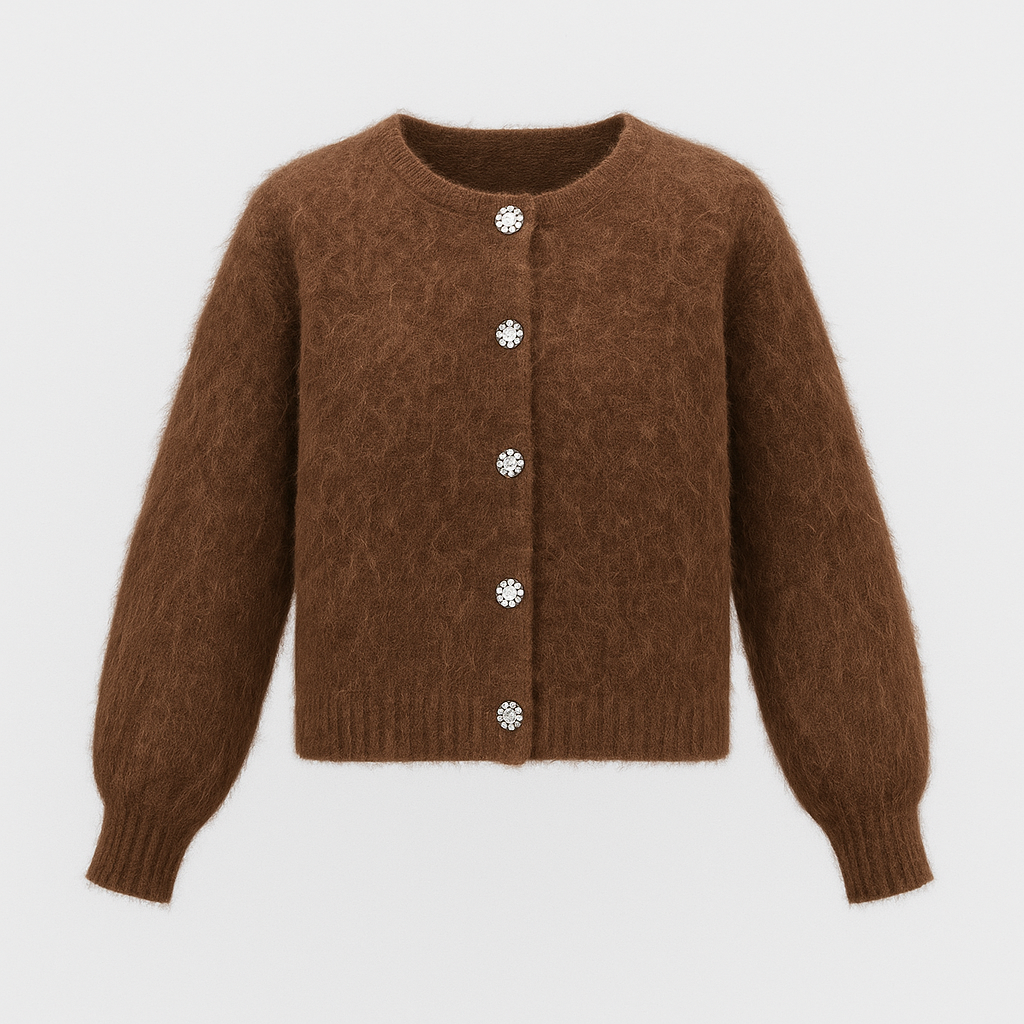 Brown fuzzy knit cardigan with crystal front buttons, long sleeves, and round neckline.