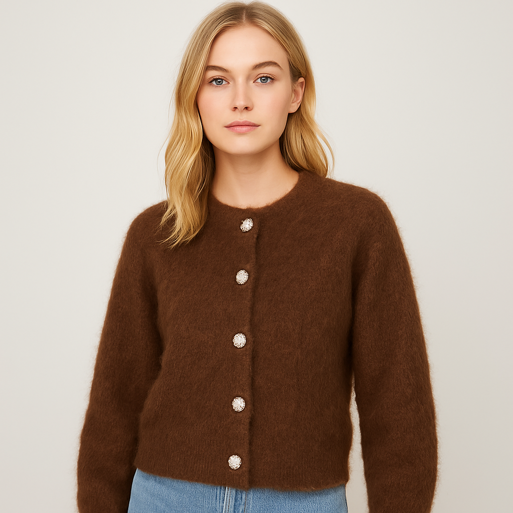 Brown fuzzy knit cardigan with crystal front buttons, long sleeves, and round neckline.