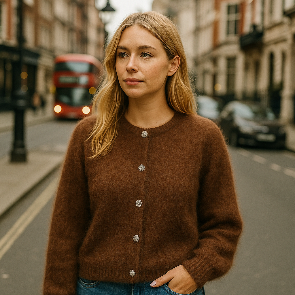 Brown fuzzy knit cardigan with crystal front buttons, long sleeves, and round neckline.