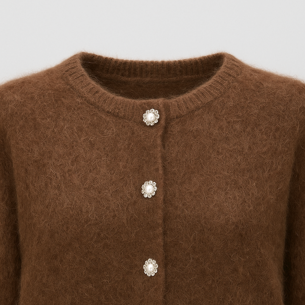 Brown fuzzy knit cardigan with crystal front buttons, long sleeves, and round neckline.