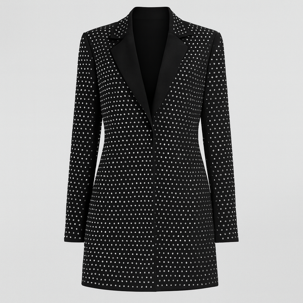 Sparkling studded blazer dress with long sleeves, structured silhouette, and notched lapel, designed for dazzling evening glamour.
