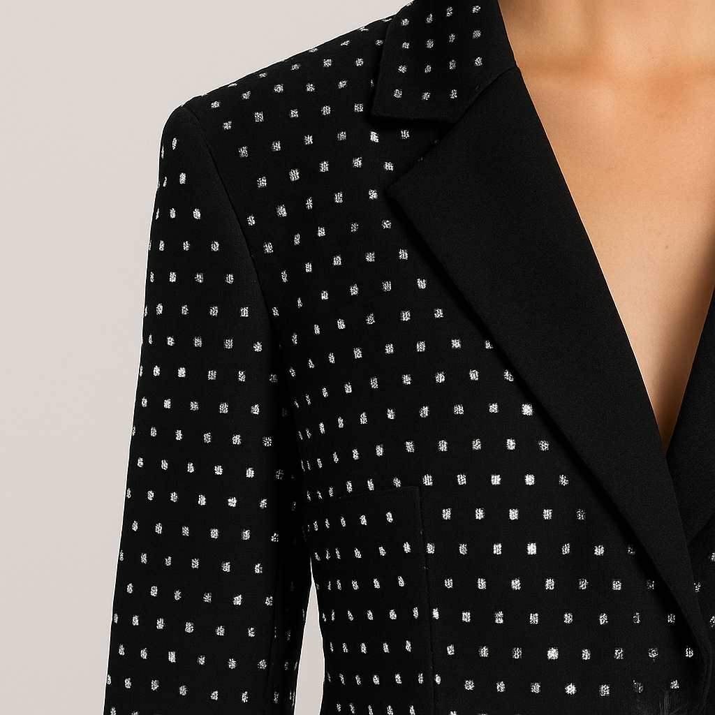 Sparkling studded blazer dress with long sleeves, structured silhouette, and notched lapel, designed for dazzling evening glamour.