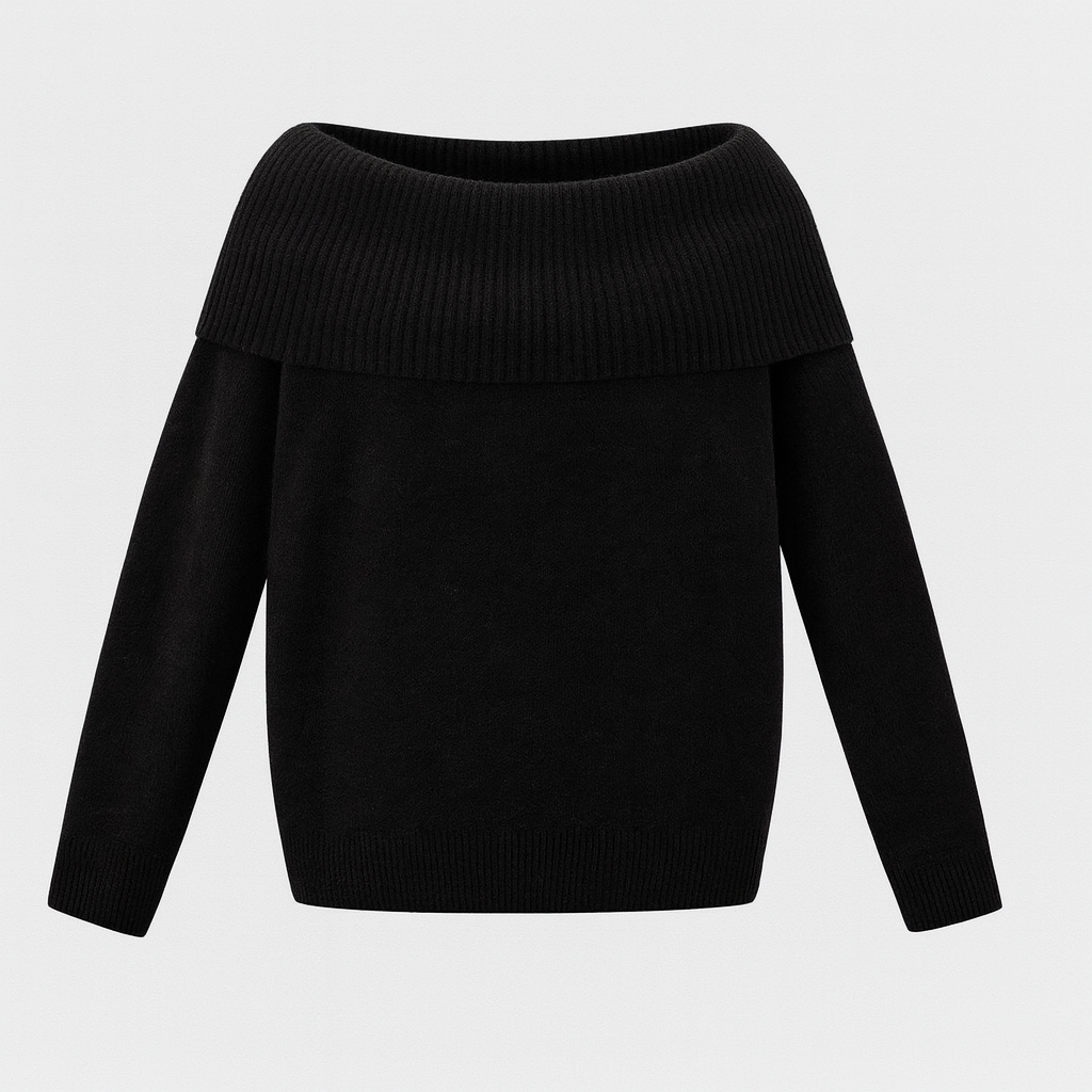 Black off-shoulder sweater with wide fold-over neckline and long fitted sleeves.