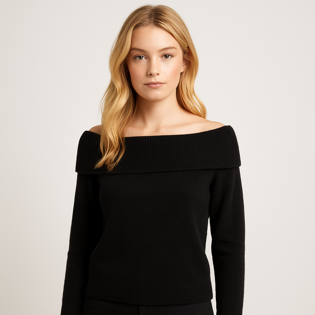 Black off-shoulder sweater with wide fold-over neckline and long fitted sleeves.