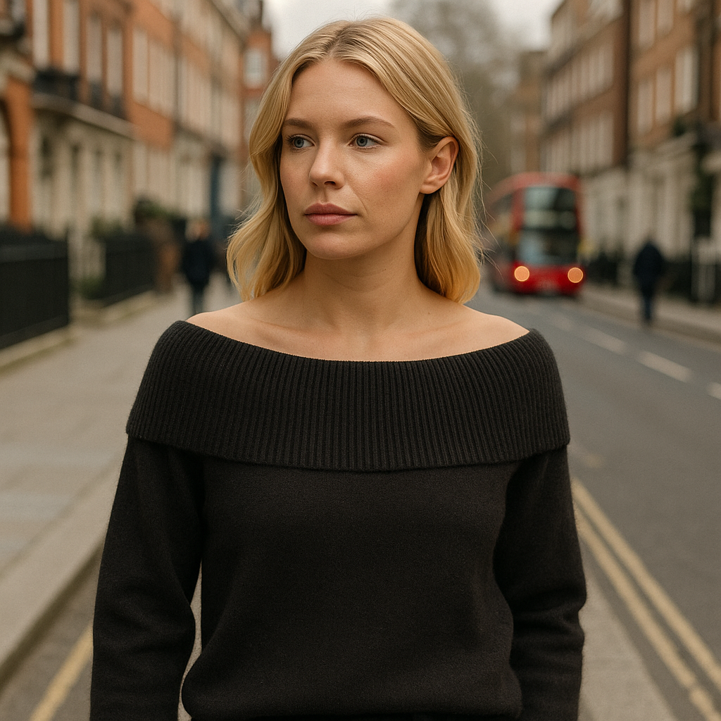 Black off-shoulder sweater with wide fold-over neckline and long fitted sleeves.