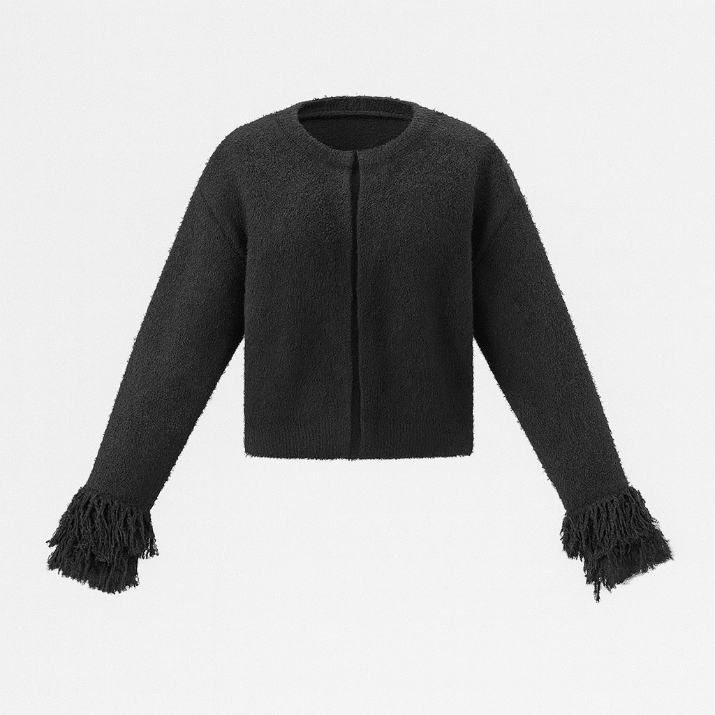 Black knit cardigan with long sleeves and fringe detailing on the cuffs.